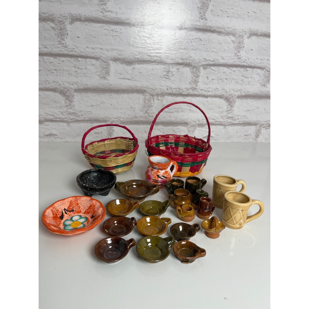 Vintage Mexican Miniature Pottery Set Clay Dishes Mugs Pitcher Baskets Folk Art